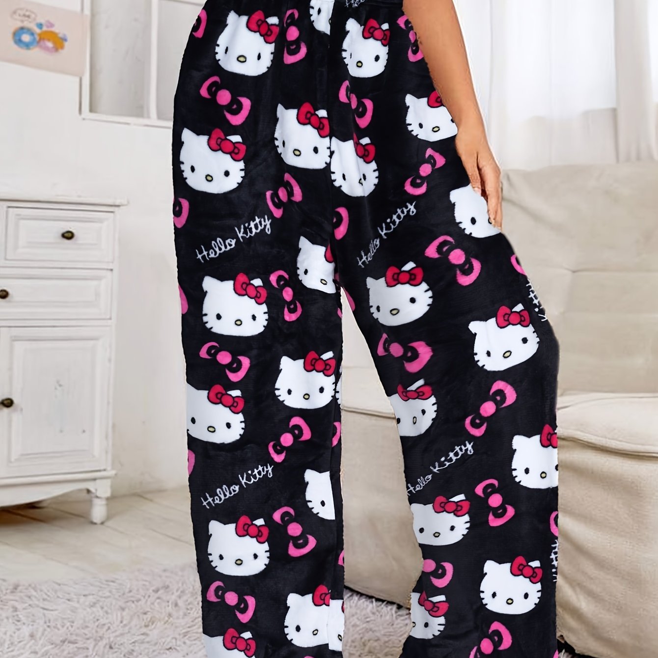Image of New Autumn And Winter Flannel Pants From For Women, Featuring A Cute Kt Print. Thick, Casual, And Loose-fitting Pants Are Perfect For Lounging At Home And Make An Elegant Gift For Valentine's Day