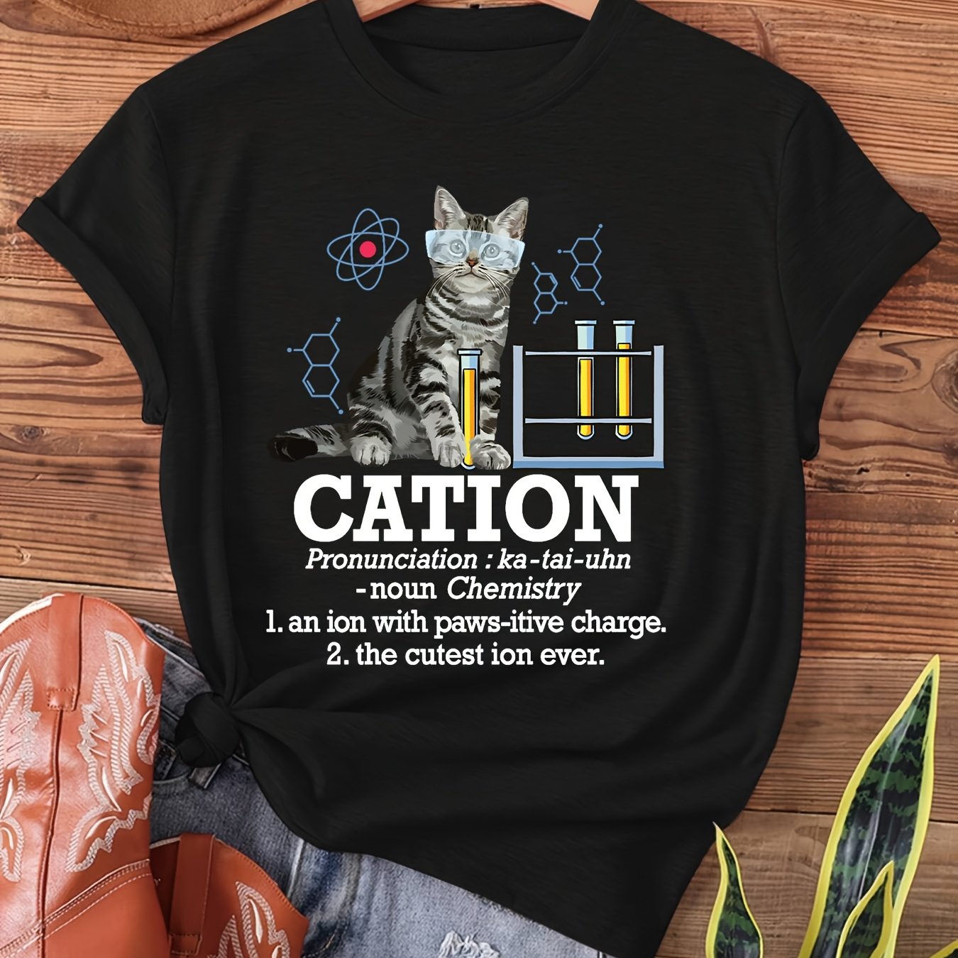 TEMU - Funny Chemistry Humor Science Teacher Cat Pun Print T-shirt, Short Sleeve Crew Neck Casual Top For Summer & Spring, Women's Clothing
