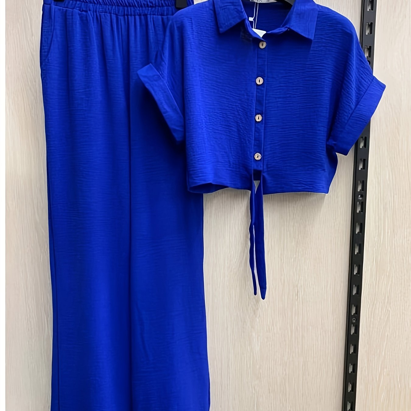 TEMU Women's Summer 2pcs Casual Set, Ruched Texture Roll-up Sleeve Lapel Button-up Cropped Top With Tie Detail, With Elastic Waist Loose Wide-leg
