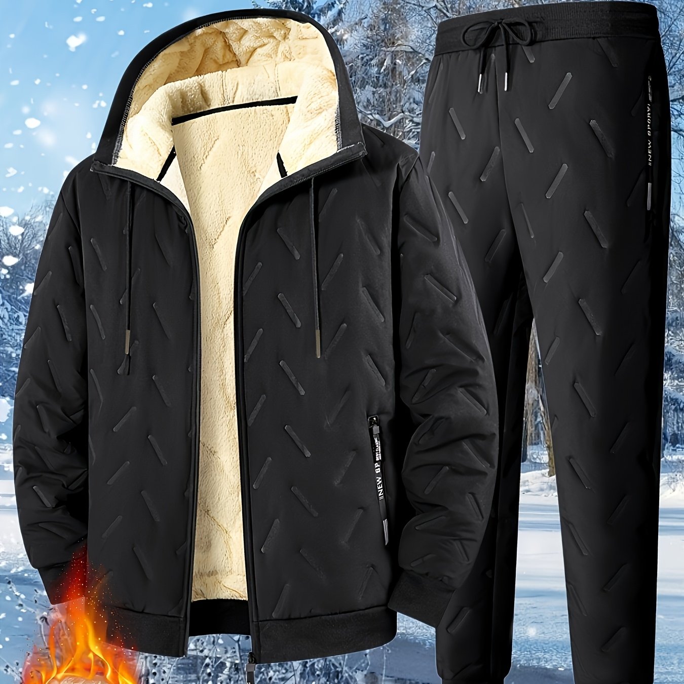 TEMU Men's Leisure Set - 2pcs Plush-lined Heavyweight Winter Sportswear: Zip-up Cardigan Jacket And Pants. Thick And Warm For Couples, Unisex Top And