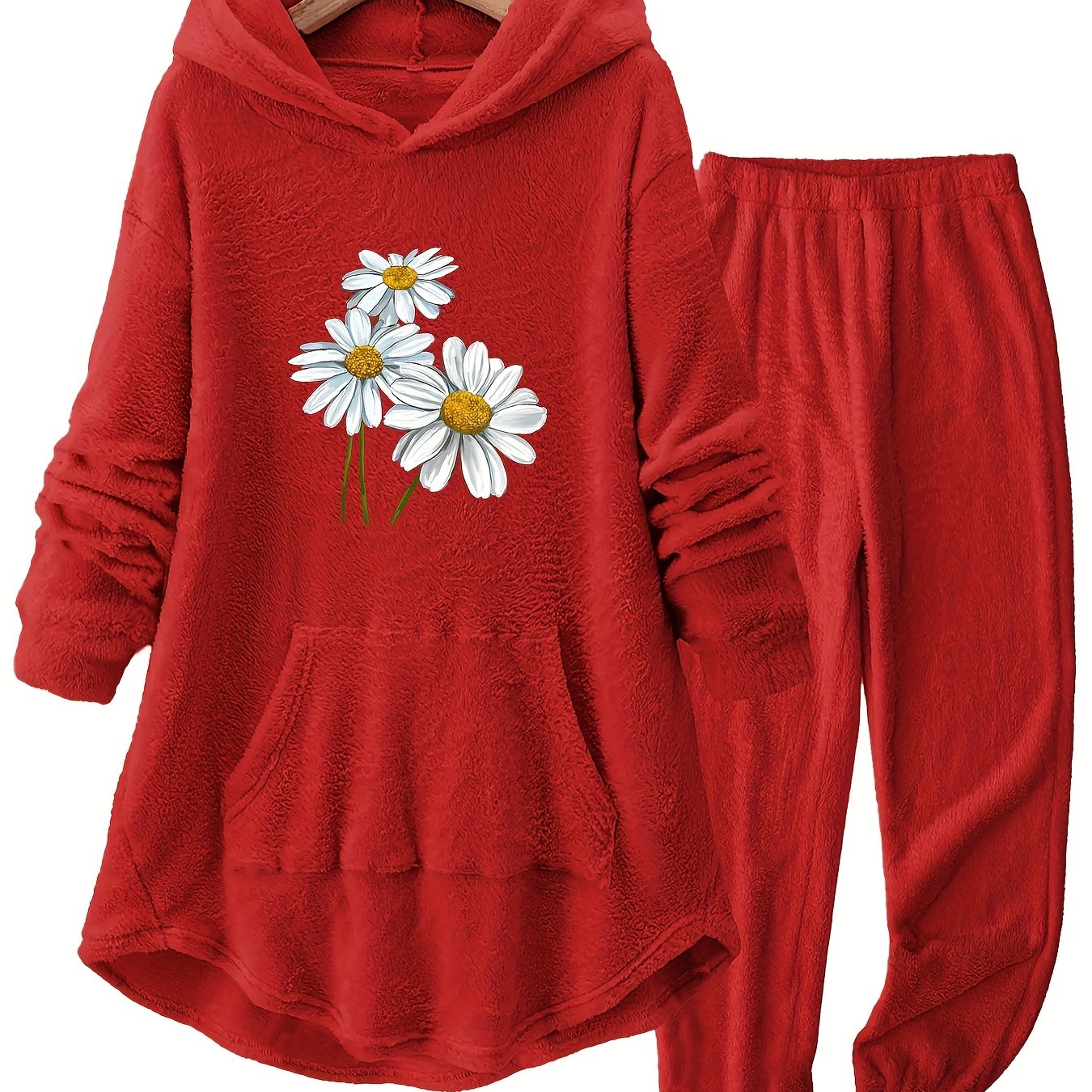 TEMU Plus Size - Plus Size - European And Size Women' Daisy Print Autumn And Winter Home Casual Thick Fleece Set