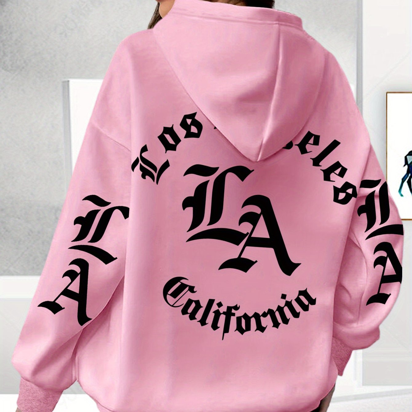 TEMU Plus Size Letter Print Kangaroo Pocket Hoodie, Casual Long Sleeve Drawstring Hoodies Sweatshirt For Spring & Winter, Women's Plus Size Clothing