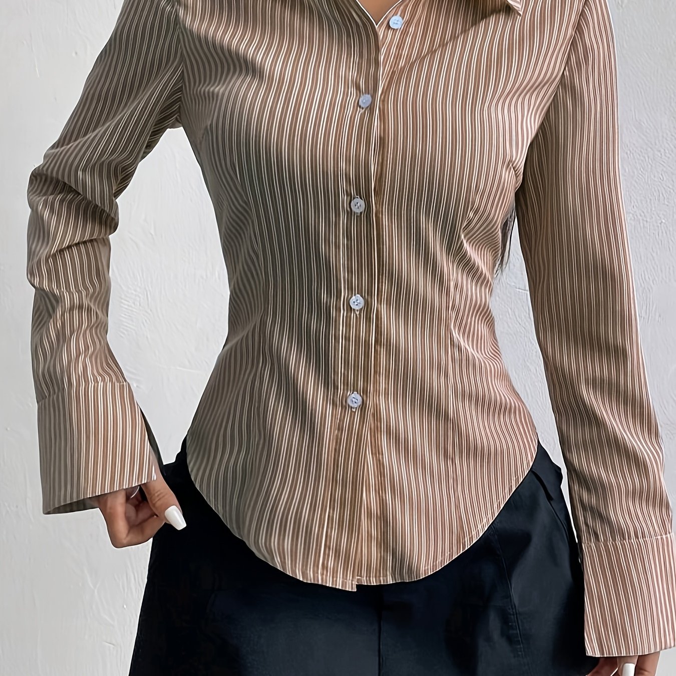 TEMU Chemise rayée slim style Pure Desire, taille haute, ourlet incurvé, chemise longue à manches longues tendance