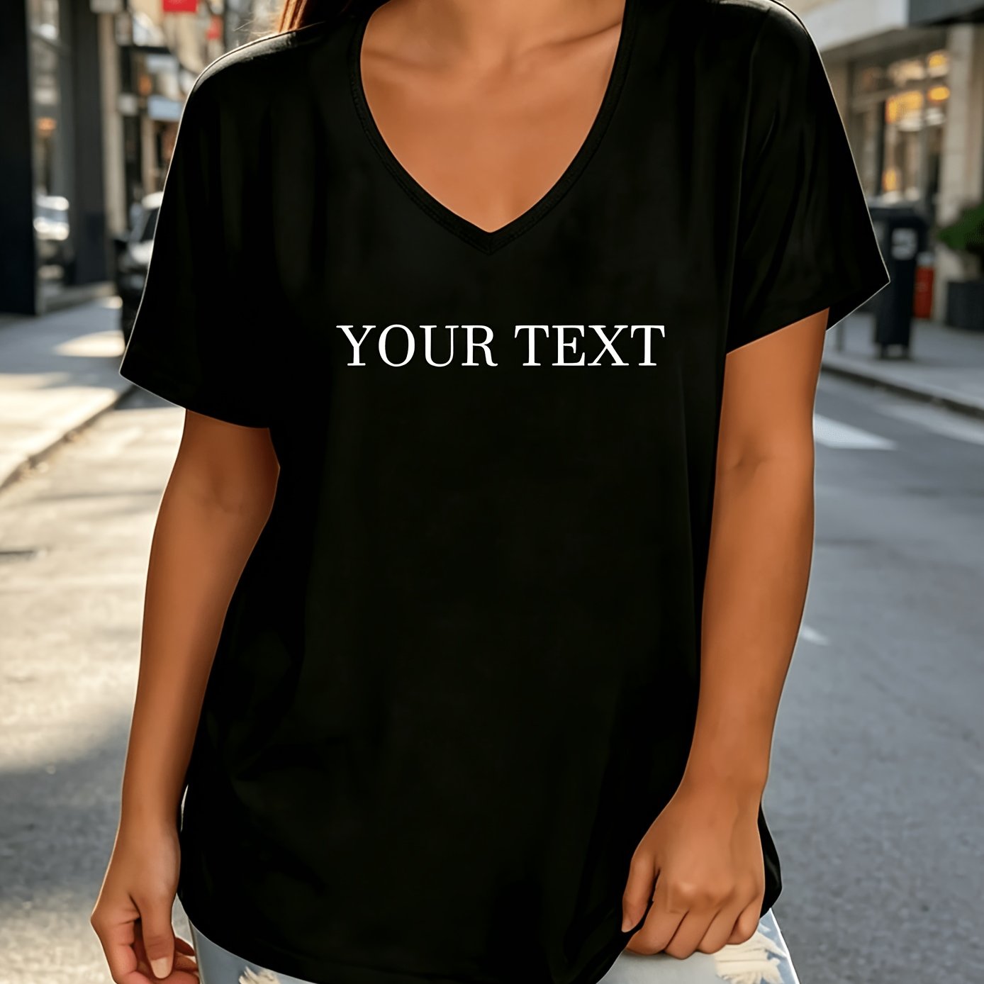 TEMU Plus Size - Plus Size - Custom Text Plus Size Women's V-neck Short Sleeve T-shirt, Loose And Comfortable