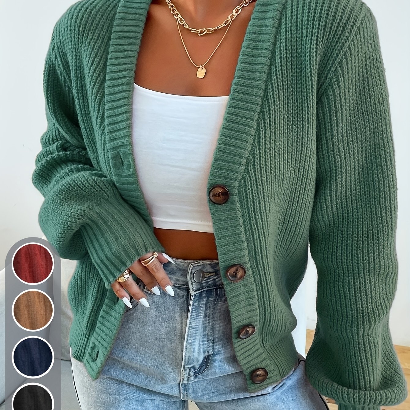 E-shop Selbstgestalteter eleganter Damen-Cardigan-Pullover mit Knopfleiste in Unifarben für Frühling Herbst