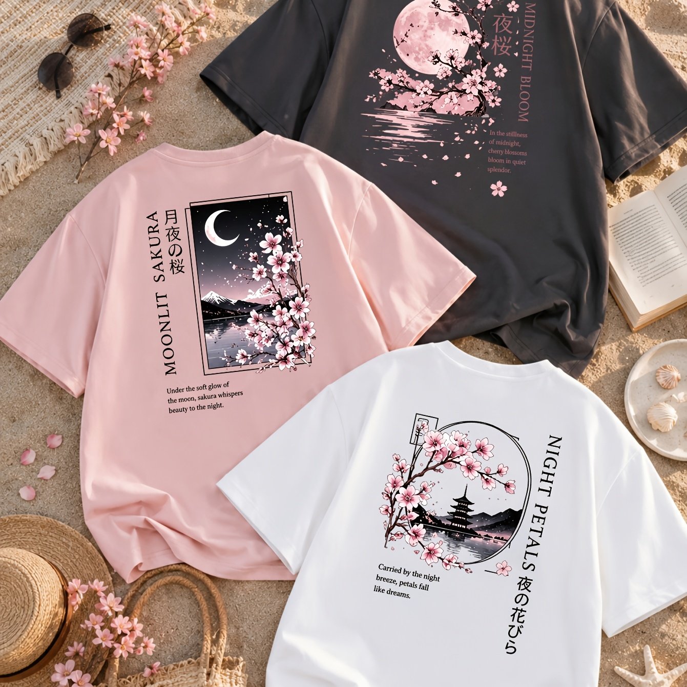 TEMU 3pcs Women's Tokyo Cherry Print T-shirt Set, Soft Comfortable Round Neck Short Sleeve, Casual Top
