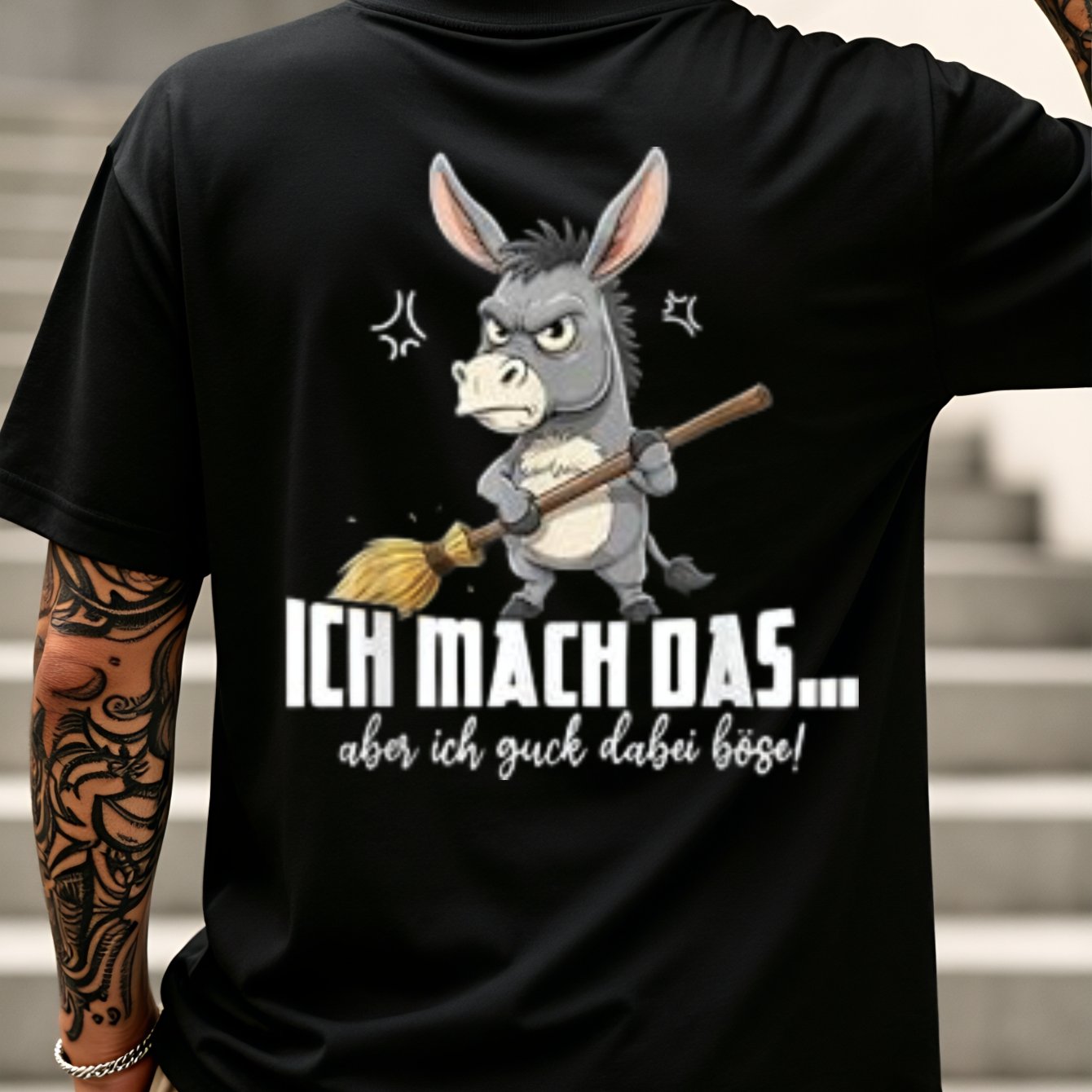 Image of T-shirt With German Text Ich Mach Das Aber Ich Dabei Do It But Look Evil While Funny Donkey Work T-shirt Monochrome Geometric Boho Ocean Short-sleeve T-shirt And Cartoon Patterned Back Print T-shirt