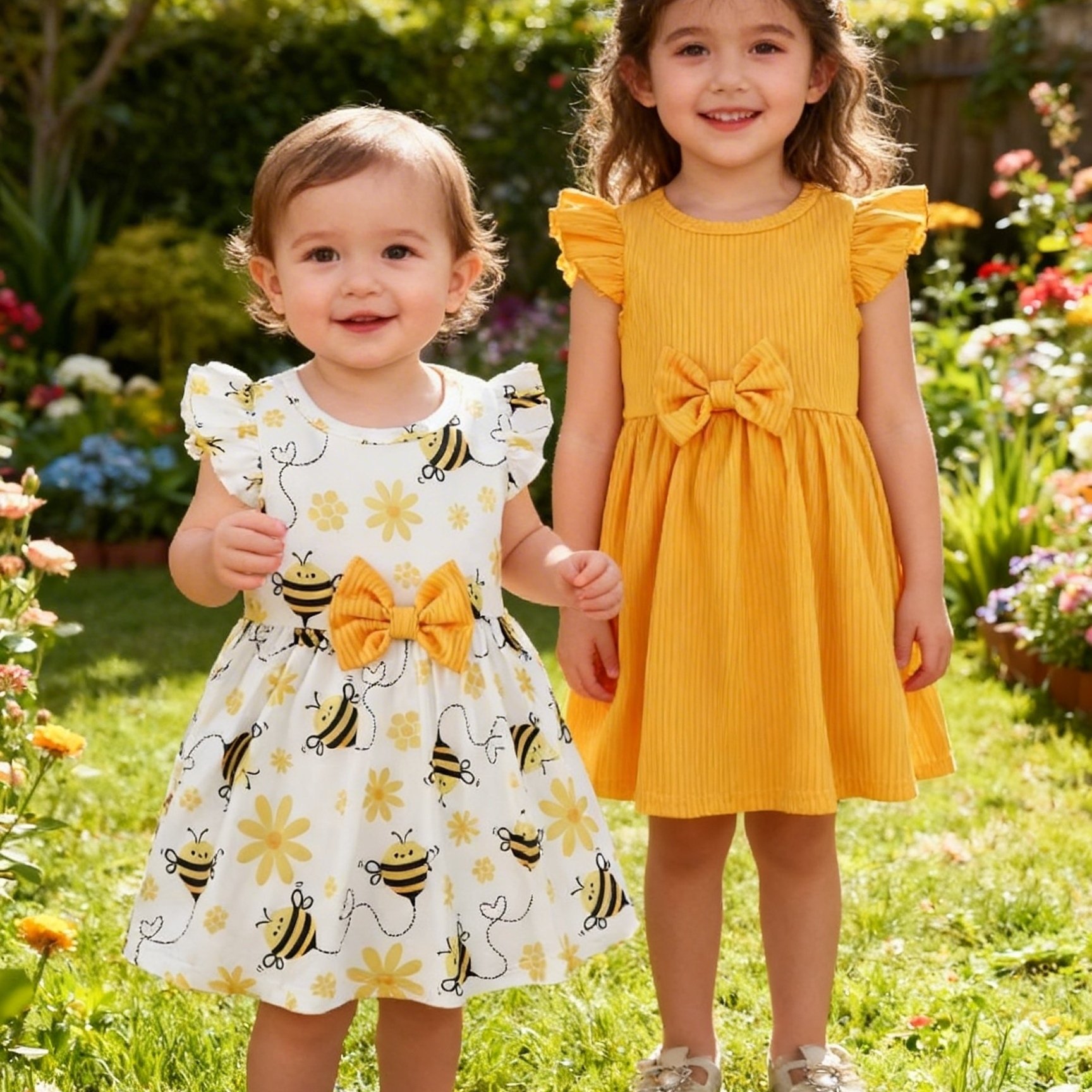 Image of A Two-piece Set Suitable For Girls, Featuring A Spring And Summer Dress With Striped Floral Patterns And Bee Prints, Along With A Solid Color Dress With Sleeves