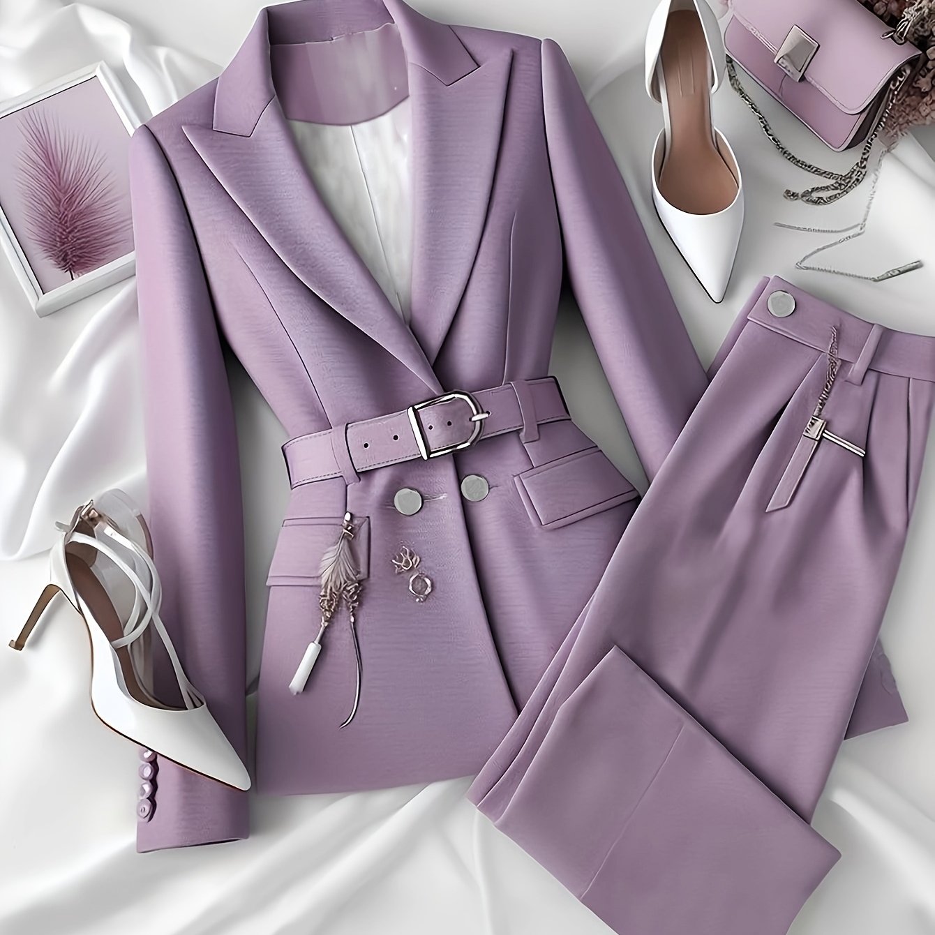 Attractive Elegant Solid Color Suit With Belt And Long Trousers Set