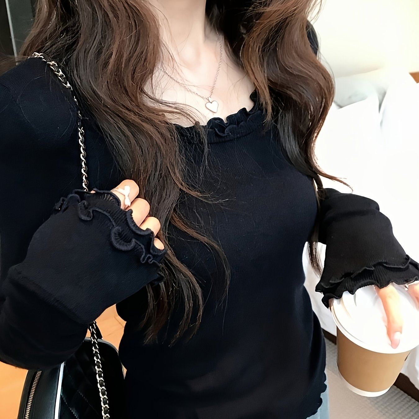 TEMU 【レディース】秋のファッション おしゃれでなスタイル ベースシャツ、優しいリム スリムトップス、トな気質のプルオーバーシャツ、通勤やデートに最適