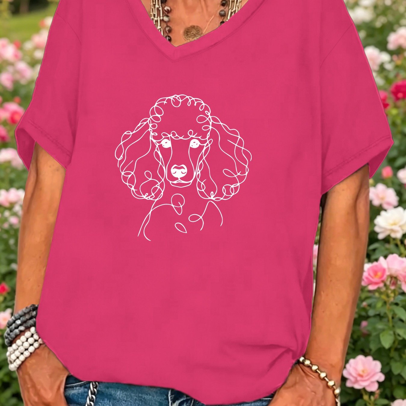 TEMU Plus Size - Easy Line Drawing Elegant Poodle, Plus Size Women's Short Sleeve T-shirt 1xl To 8xl, Fashionable V-neck Casual Top, V-neck Pullover