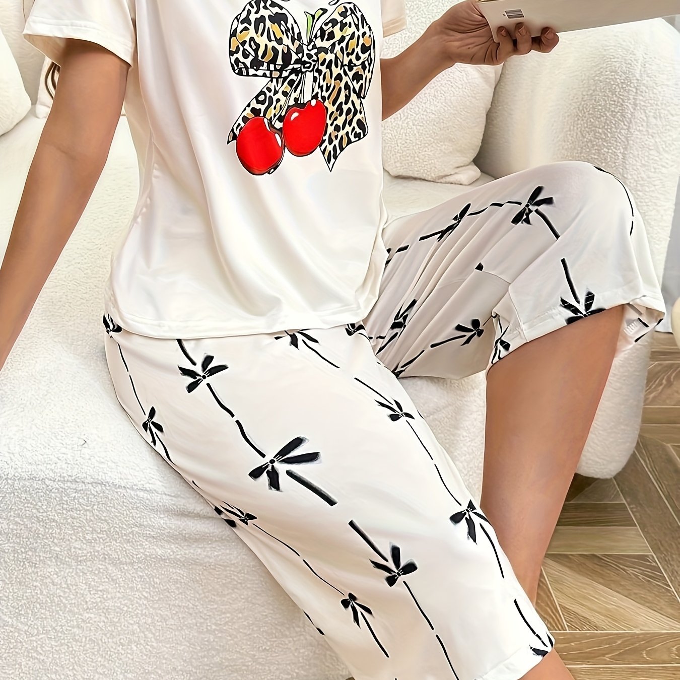 TEMU Leopard Print Bow Decor Short Sleeve And Shorts Pajama Set Women's Pajama Set Summer Women's Pajama Set Women's Pajama Set Wear Women's Pajamas