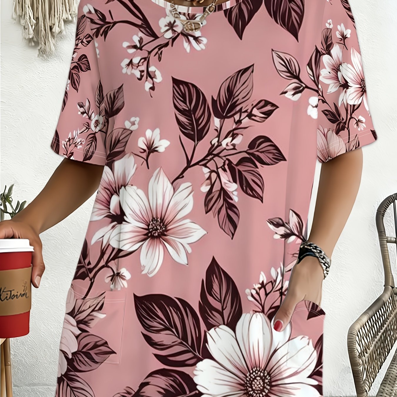 TEMU Plus Size Women's Vintage Large Full- Pink Floral T-shirt - Soft Round Neck Short Sleeve Blouse-compatible Top With Pockets, Machine Washable