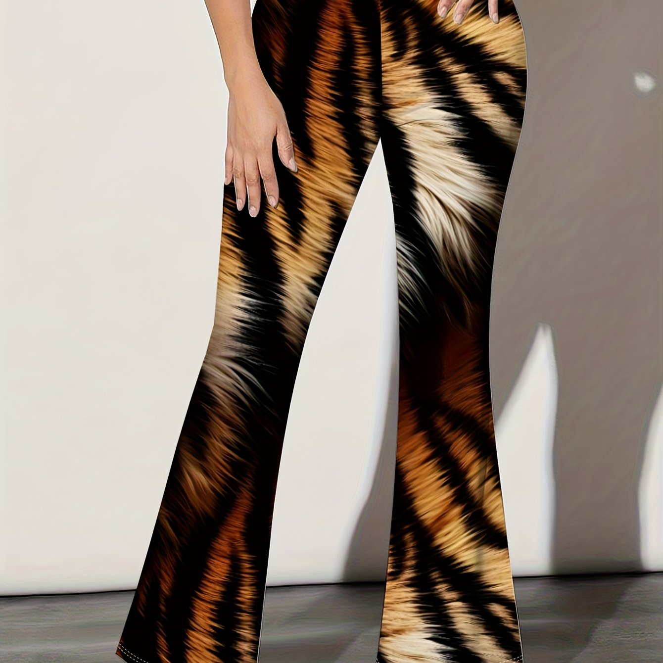 TEMU Tiger-striped High-waisted Flared Pants For Women, Stretchy Flares Suitable For Casual , Parties, And Nights Out— With A Stylish Animal Print