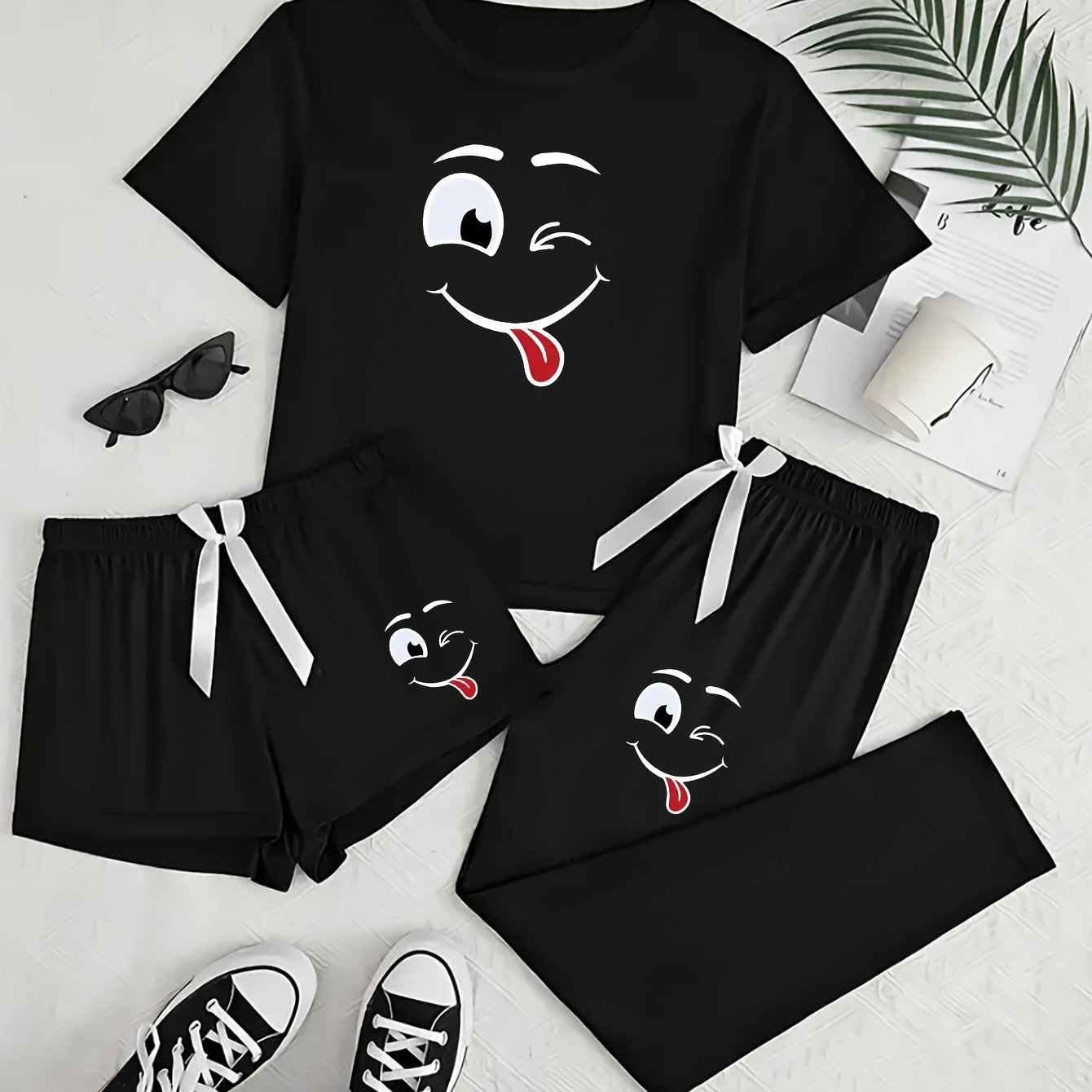 TEMU 3pcs New Print Pajama Set With Bow Pants And Short-sleeve Top, Casual And Comfortable Loungewear
