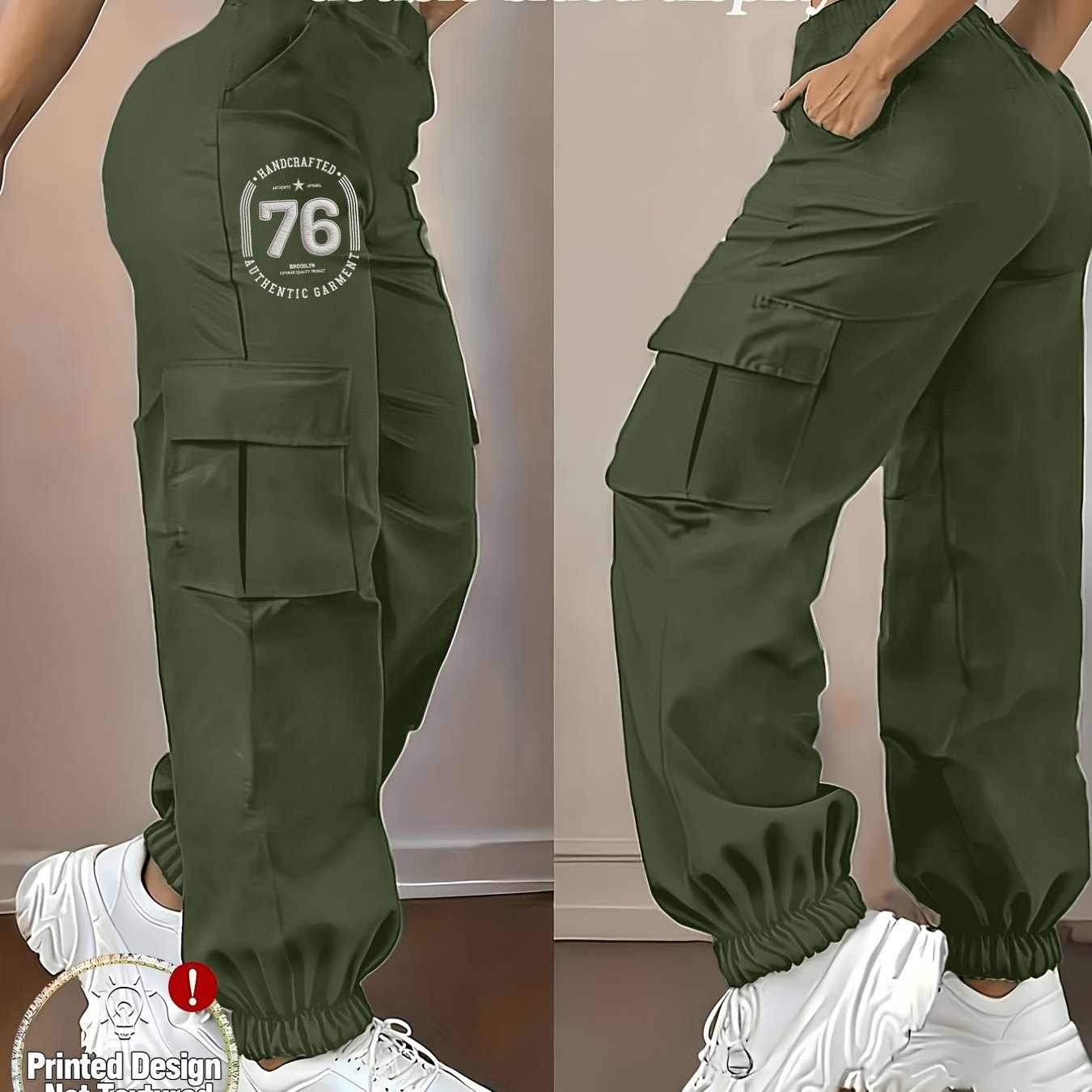 TEMU Women's Fashion Trendy Printed Cargo Pants, High-waist Elastic Waistband, Multi-, Loose Fit, Suitable For Music Festivals, Back-to- Season, And