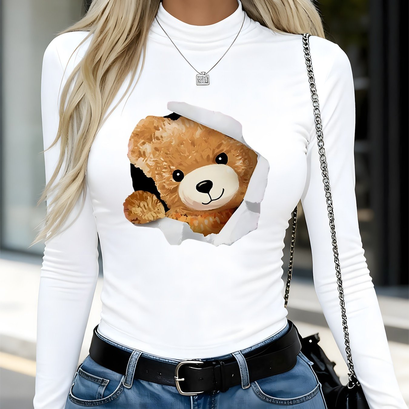 TEMU Women's Autumn/winter Y2k Casual Slim-fit Long-sleeve Thermal Base Layer Top, Featuring A Quirky And Cute Little Bear Pattern Print, A Stylish