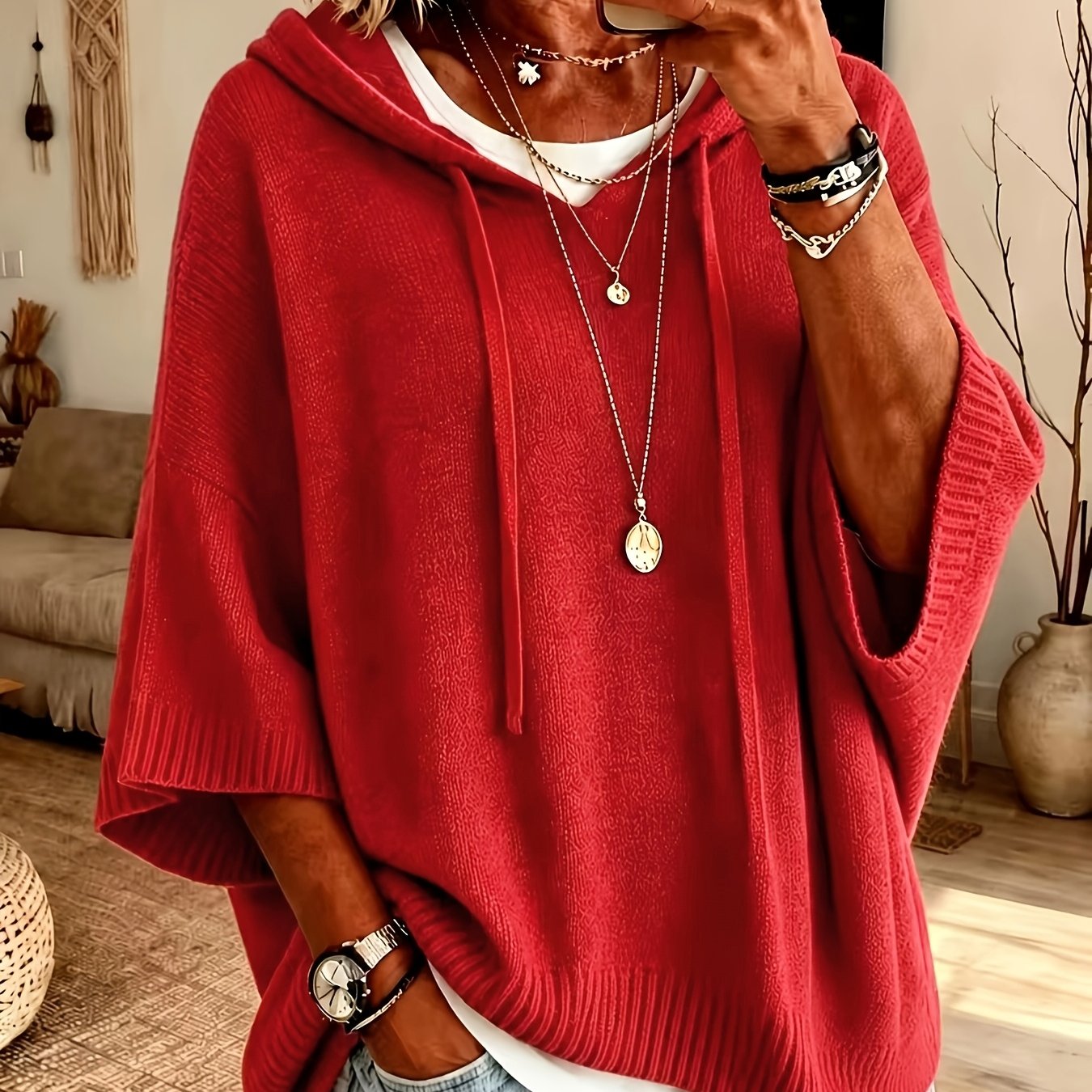 TEMU Women's Elegant Casual Cute Sexy Hooded Sweatshirt Cropped Batwing Sleeve Short Sleeve Mid Sleeve Cardigan Jacket Knitwear Plush Patterned Solid