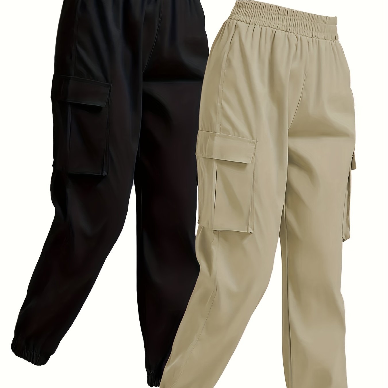 Solid Cargo Pants Casual Versatile Elastic Waist Pants - Temu