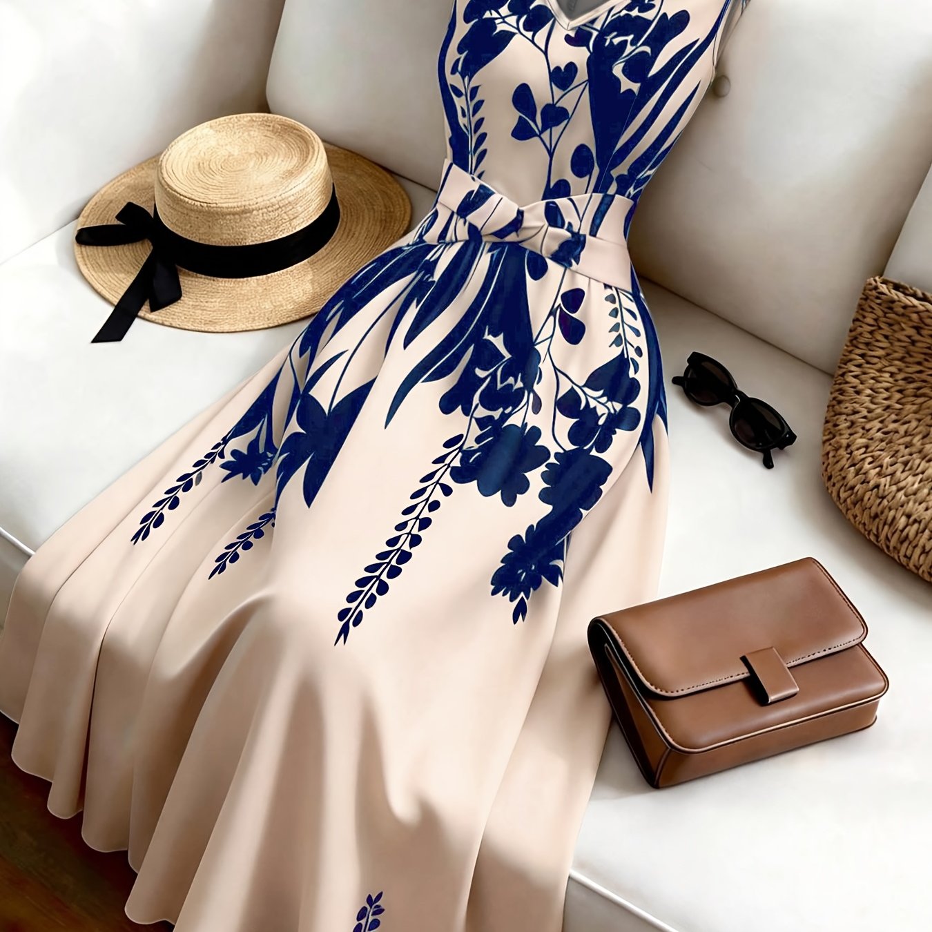 TEMU Women's Fashionable Casual Sleeveless Simple Printed Dress, Waist-cinching Flared Skirt, Suitable For Summer , Spring-summer Commuting, Home,