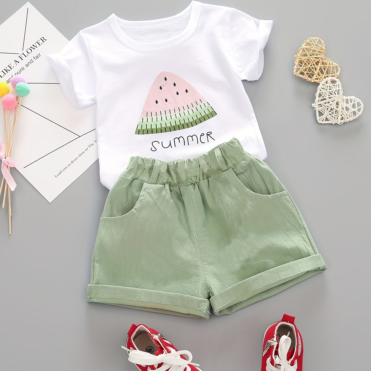 Girls' Summer New Short Sleeve Set, Infant Watermelon Print Round Neck T-shirt And Casual Shorts 2pcs Outfit, For Outdoor