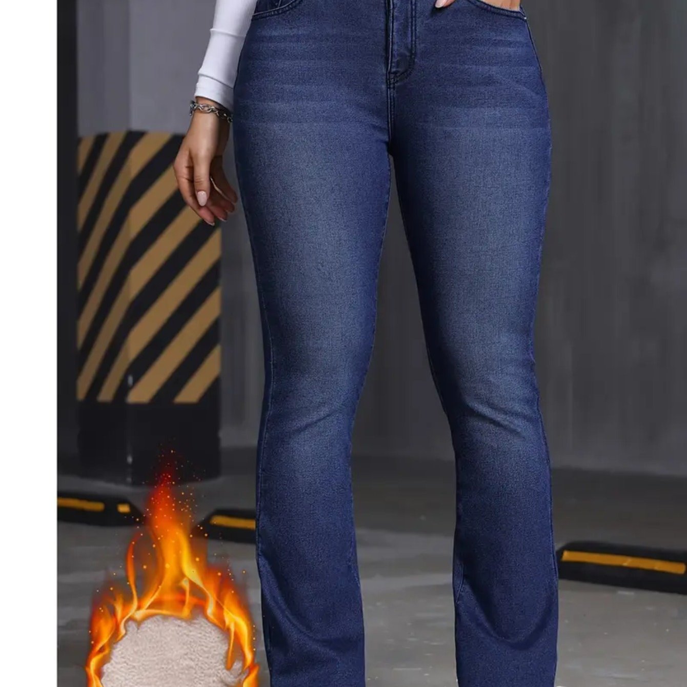 High-waisted Fleece-lined Jeans For Women - Warm Winter Flare Pants, Stretchy Denim With Tummy Control And A Belt-like Waistband (belt Not Required), Machine Washable Blue Jeans Ideal For Weather