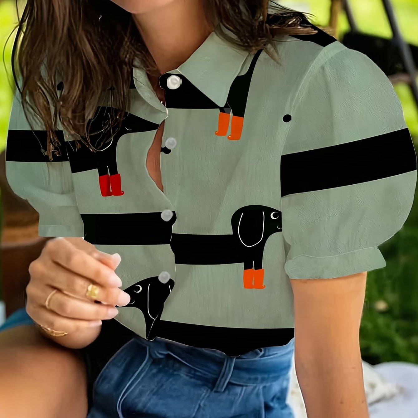 TEMU 1pc Dachshund Pattern Short Sleeve Button-up Shirt, Ideal For Beach, Casual , Summer Events, Everyday Wear, Lightweight Fabric, Trendy Animal