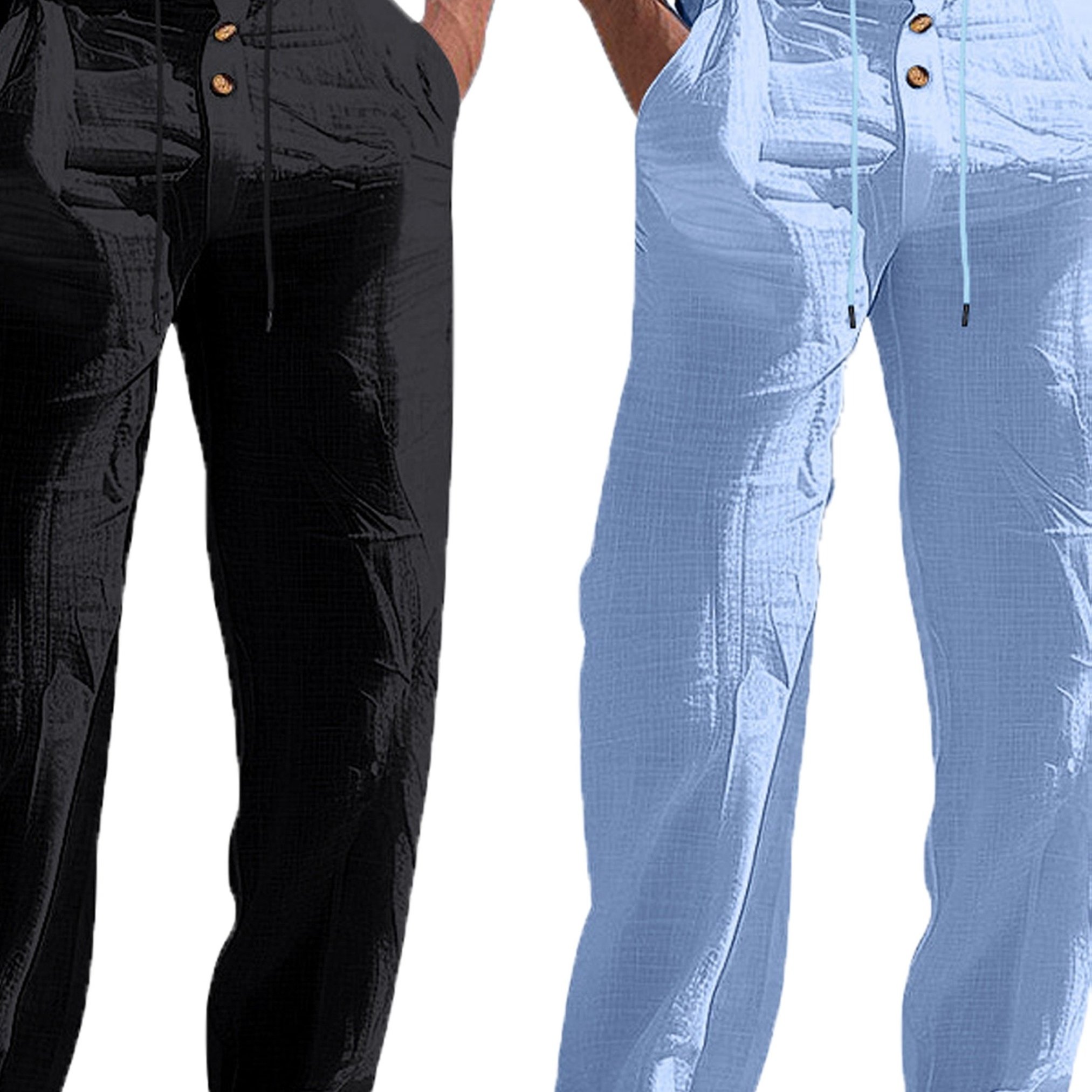 TEMU Men's Summer Linen Casual Pants With Drawstring, Button, And Elastic Waist, Straight-leg Long Trousers, Breathable, Two-pc For Beach Vacations