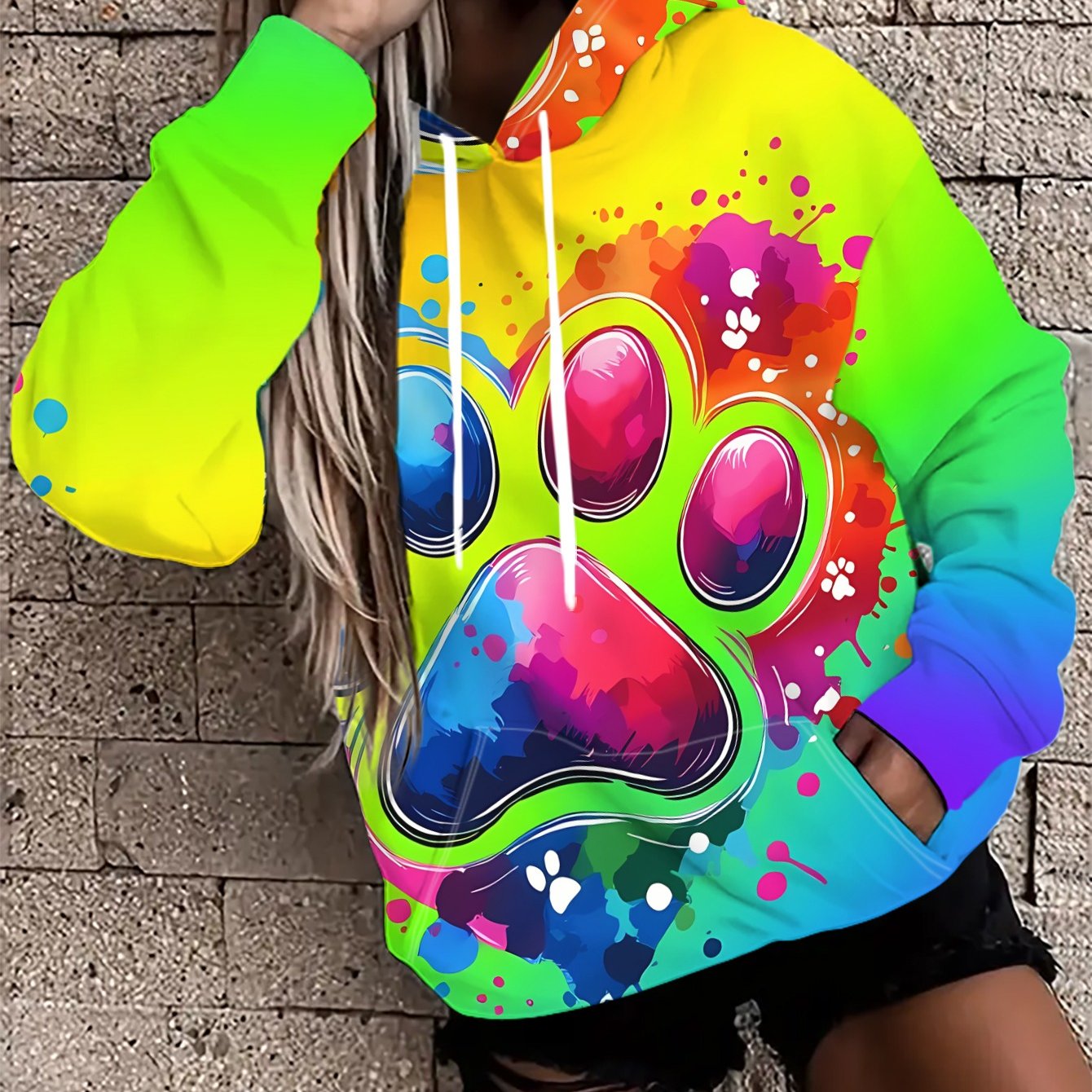 TEMU Women's Hoodie Featuring Colorful Heart Patterns Surrounded By Vibrant , Splattered With Ink, Set Against A Gradient Background With A Print.