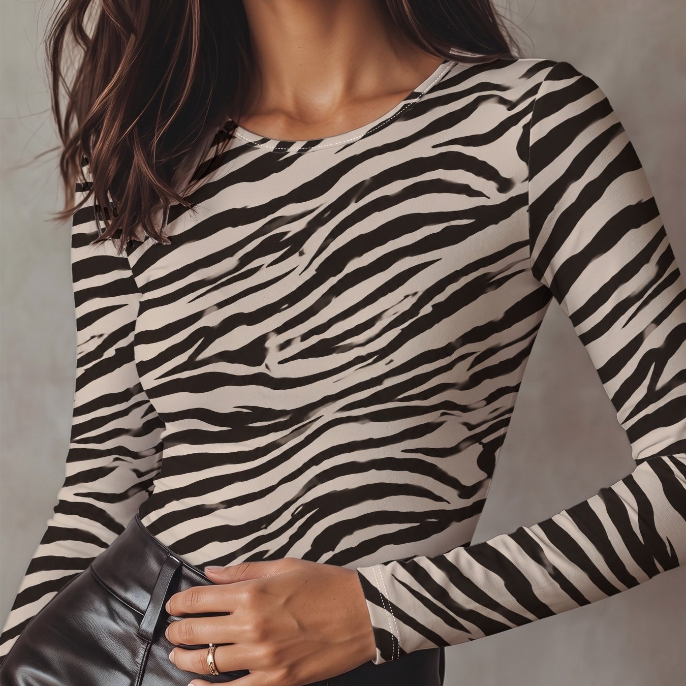 TEMU Women's Round Neck Long Sleeve T-shirt, Zebra Print Pattern, Soft And Comfortable Fabric, Full-body Printed Design Machine Washable, Elegant