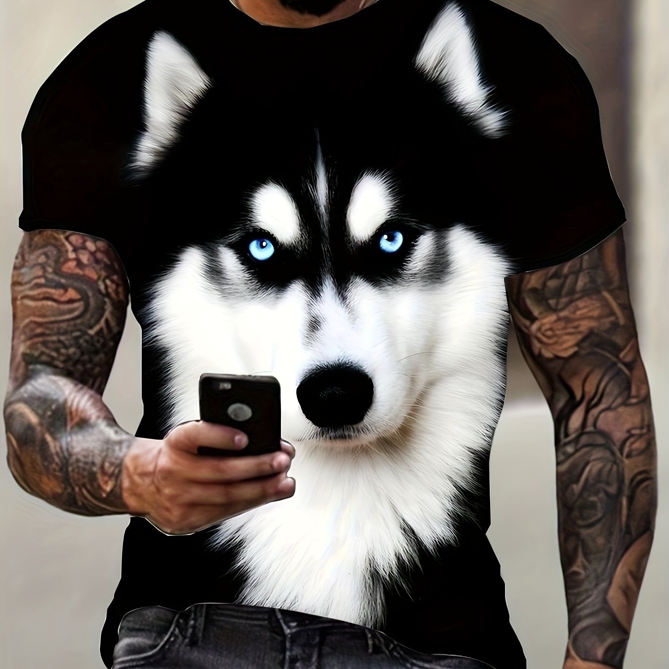 TEMU Men's Heavyweight Retro 3d Animal Print T-shirt - Short Sleeve Round Neck Casual Shirt With Suitable For - Wear, Plus Size, Machine Washable &