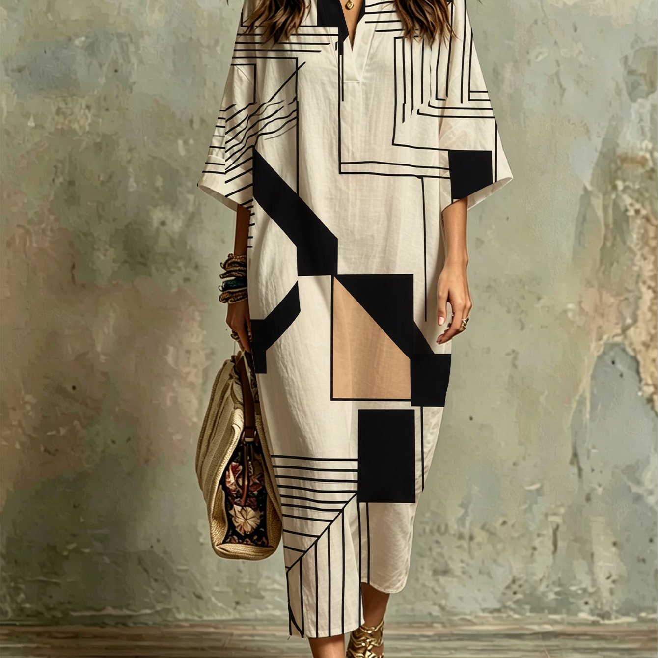 Image of Plus Size - Geometric Abstract Black Tan Fashion Casual Kaftan Dress - Comfortable, Lightweight, Stylish, Versatile For Beach Vacation, Summer Parties, Daily Wear