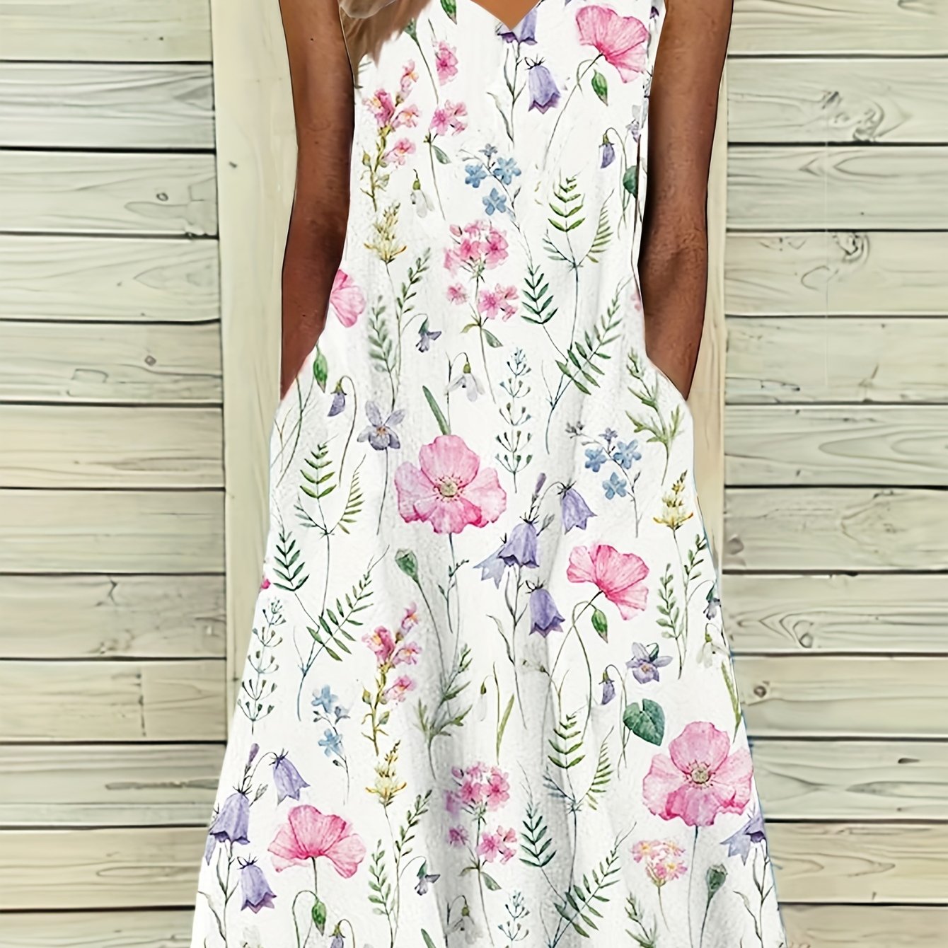 E-shop Lässiges Mode Kleid mit Blumenmuster, V-Ausschnitt und ohne Ärmel
