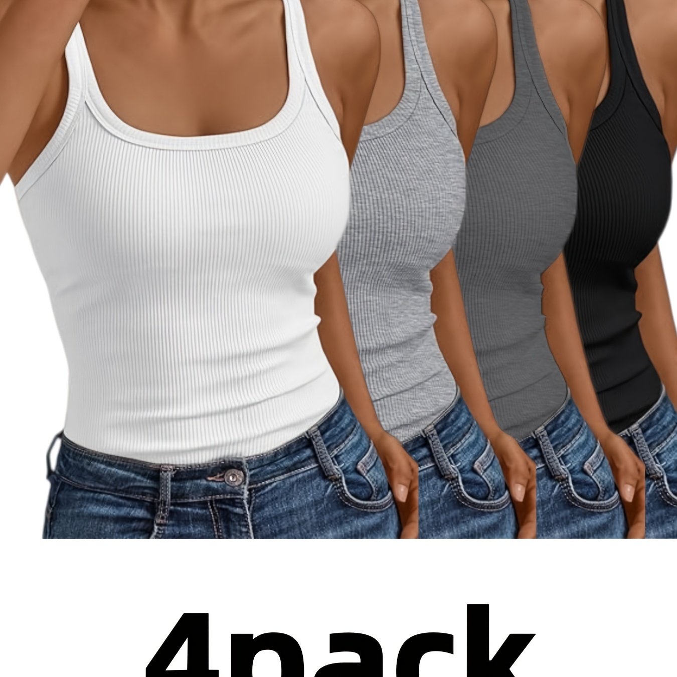 4pcs Women's Sleeveless Low Round Neck Ribbed Vest Slim Basic Camisole T-shirt