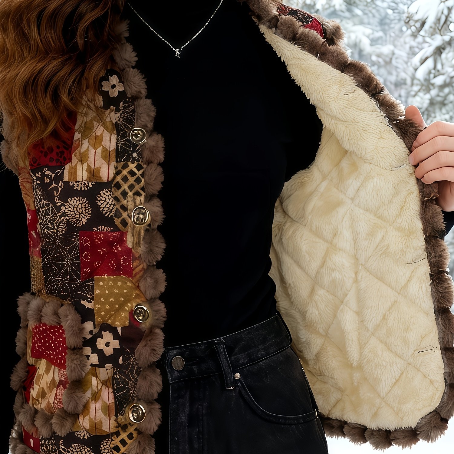 E-shop Herbst/Winter Damen Vintage Patchwork Weste mit Plüschbesatz Metalloptik-Knöpfen, Klassische Mode, Vielseitiger Alltagsstil, Künstlerisch Weiche