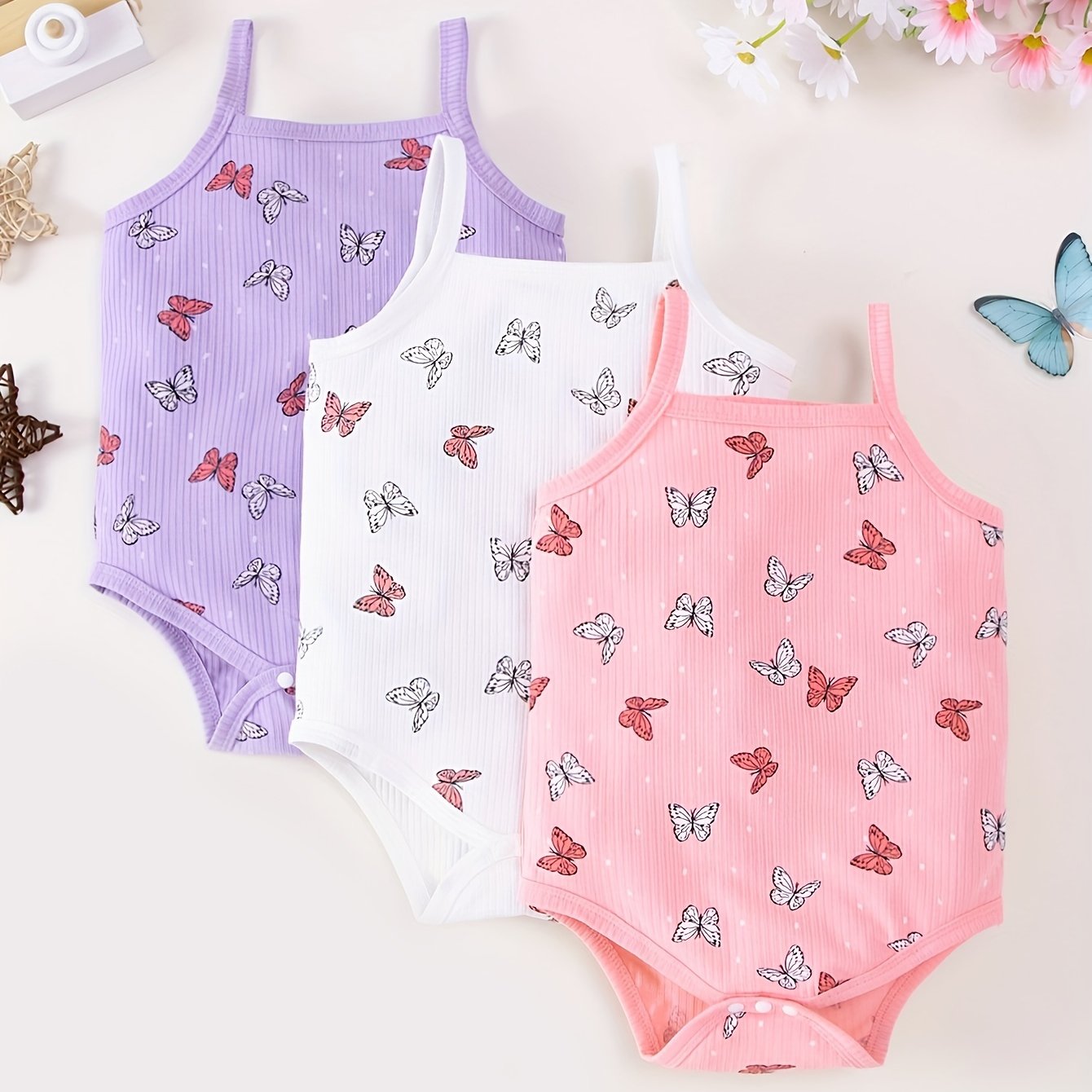 Image of 3pcs Baby Girl's Suspender Harem 2024 Summer Fashion Cool Striped Harem Cute Print Baby Girl's Harem, For Outdoor