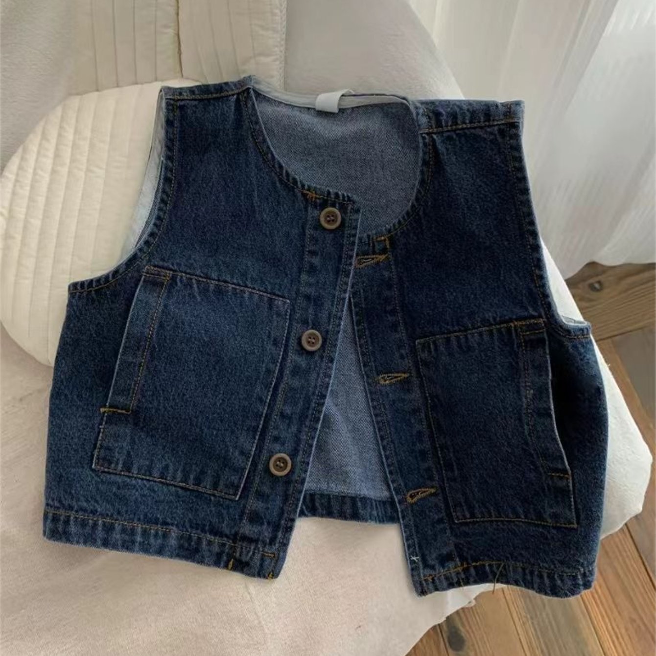 Image of Kids Denim Vest Jacket For Boys Girls, Spring Autumn Casual Sleeveless Outerwear, Fashion Waistcoat, Versatile Layering Coat For Daily Wear