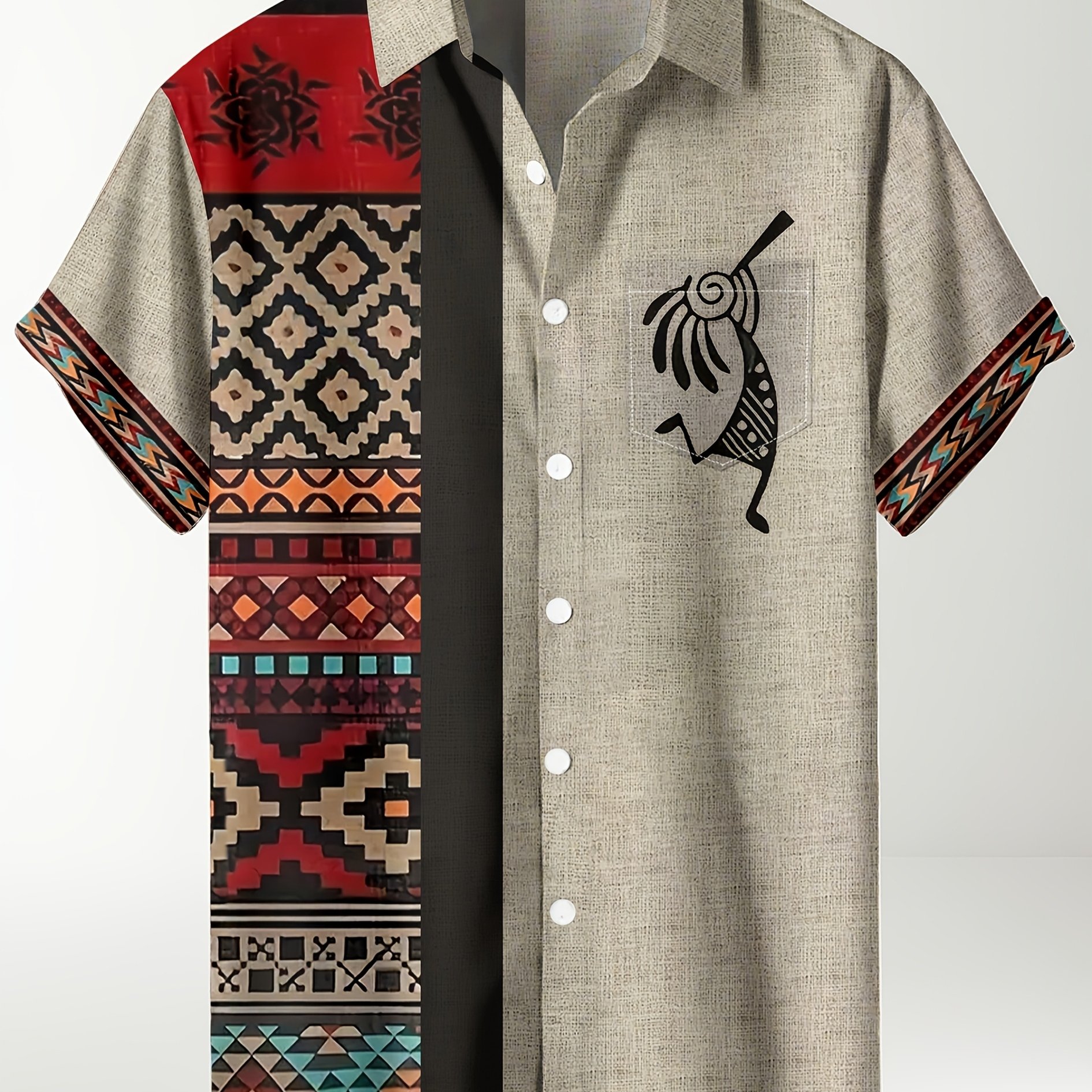 TEMU Men's Geometric Ethnic Short Sleeve Shirt- Vintage Khaki Tribal Totem Music Symbol Pattern Print, Suitable Festival Parties, Casual , Casual