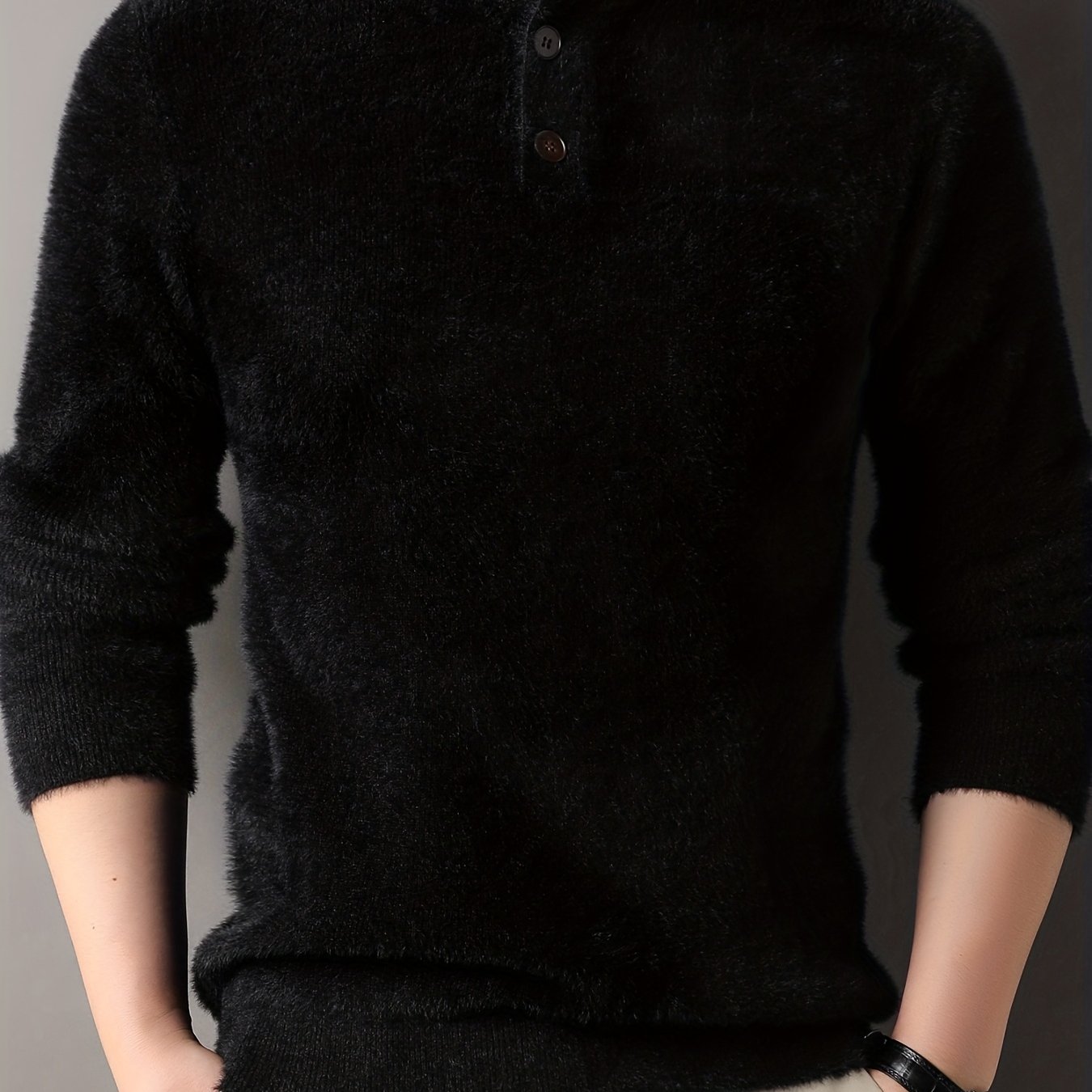 TEMU [] Autumn Winter Men's Stand Collar Solid Color Fleece Thick Knit Sweater