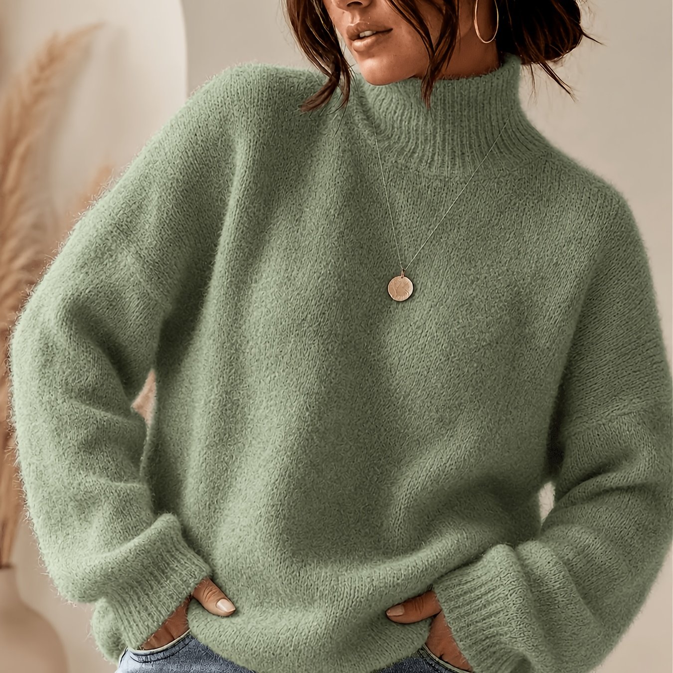 TEMU Women's High-neck Sweater For Early Autumn/early Winter And Dates, Korean-inspired Gentle And Lazy Chic Knitwear, Soft And , And Brightening,