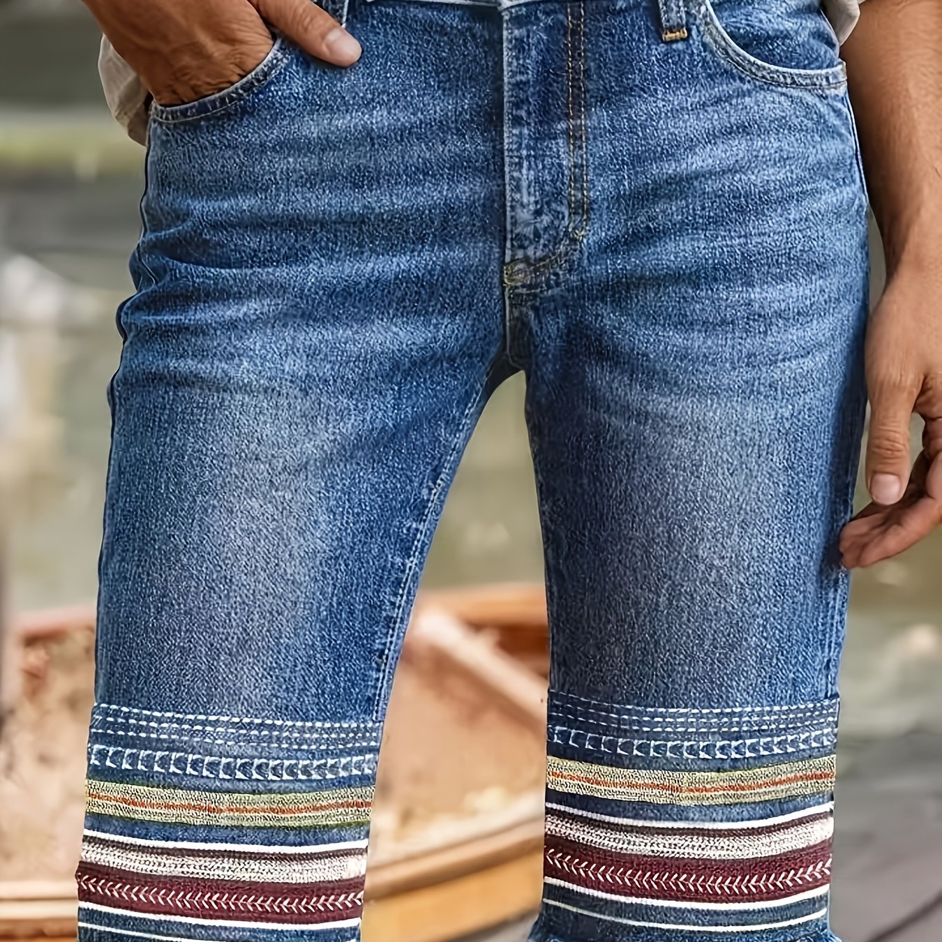 TEMU Women's Plus Size Ethnic Style Colorful Striped Embroidered Frayed Washed Denim Shorts