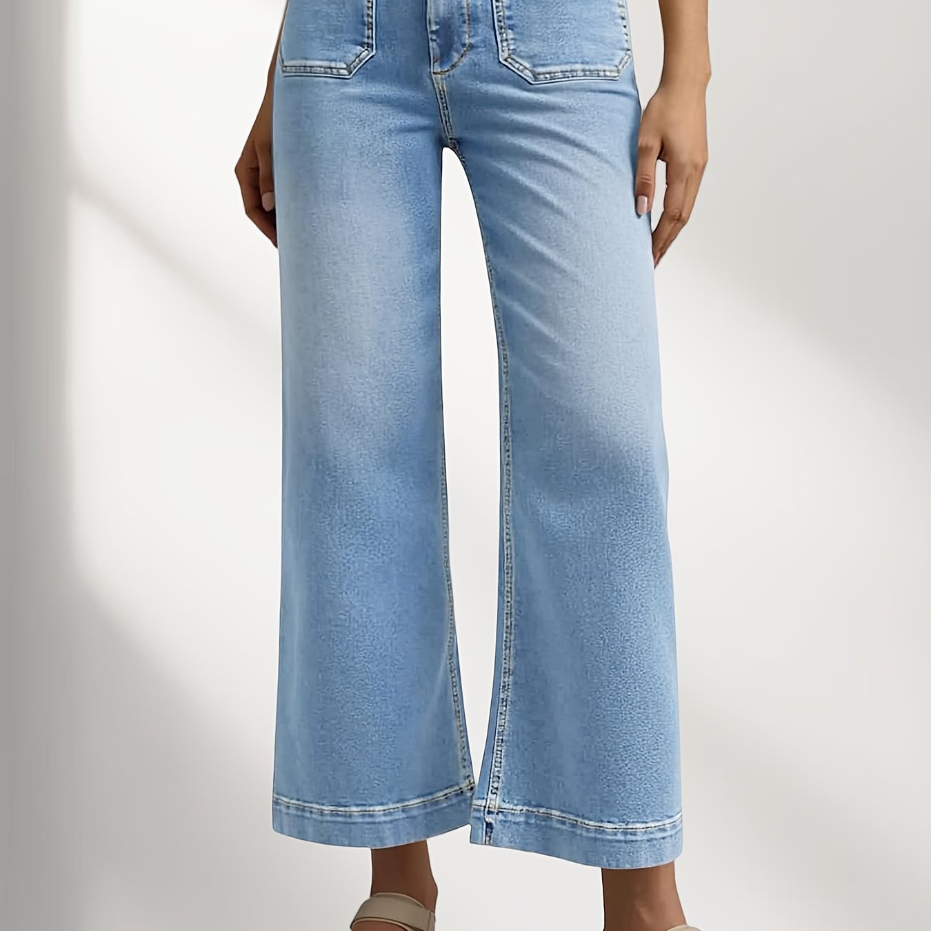 Image of Wide Leg Jeans For Women | Trendy High Waisted Flare Stretchy Jeans Cropped Baggy Denim Pants With Front Patch Pockets | Non-stretch Fabric, Button Fly Closure, Solid Color, Suitable