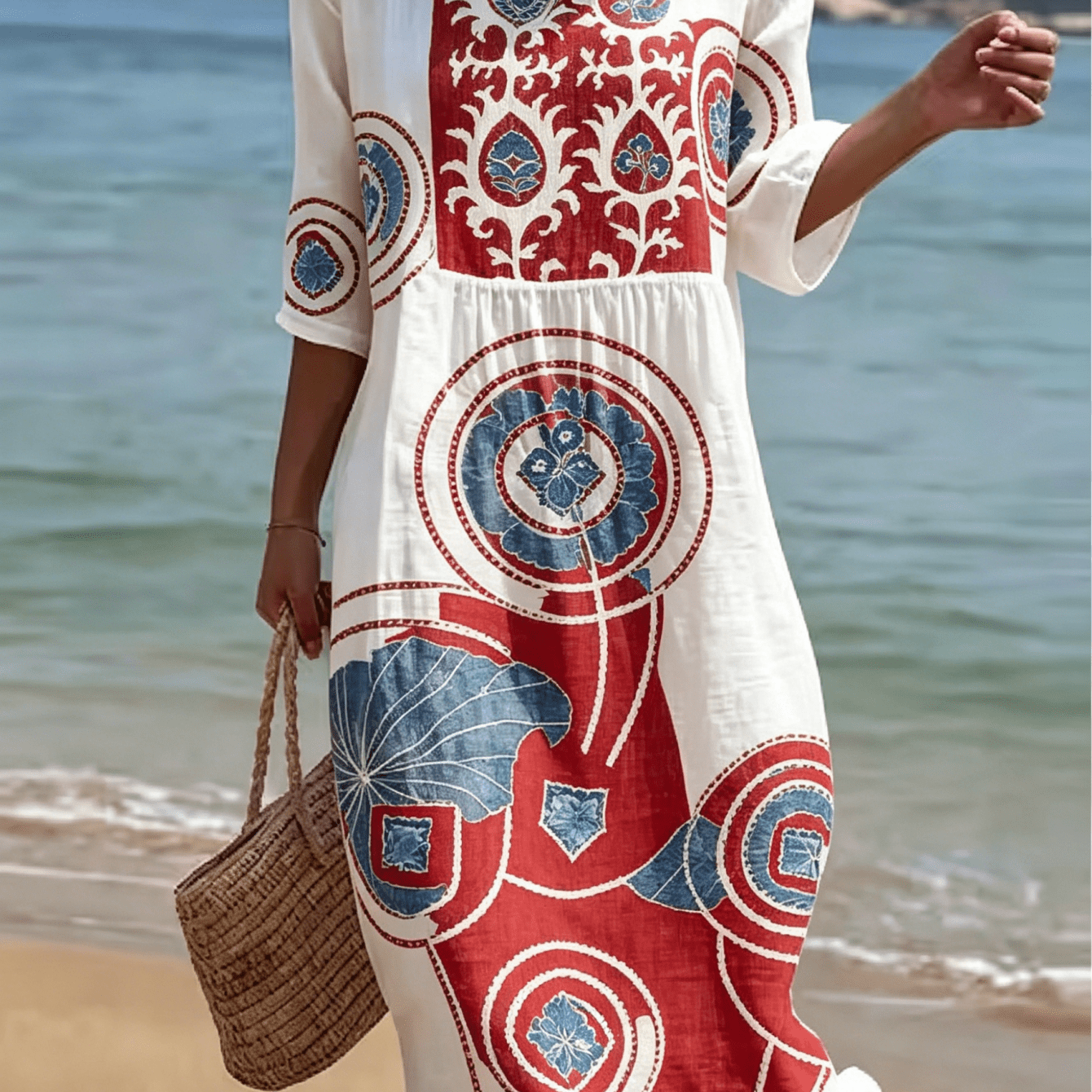 Image of Women Vintage Ethnic Floral Printed Casual Midi Dress, Breathable Fiber Fabric Half Sleeve Round Neck Waist Gathered Loose Beach Vacation Sundress, Bohemian Flowy Beach Cover Up Dress