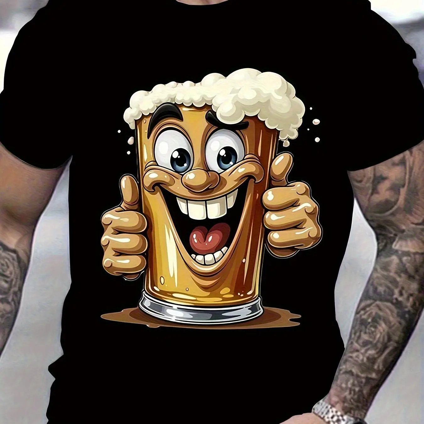 TEMU Men's Fun Beer Mug Graphic T-shirt - Black Face Mug Design, Lightweight Crew Neck Short Sleeve Tee, Suitable For Parties, Bbqs & Casual Wear -