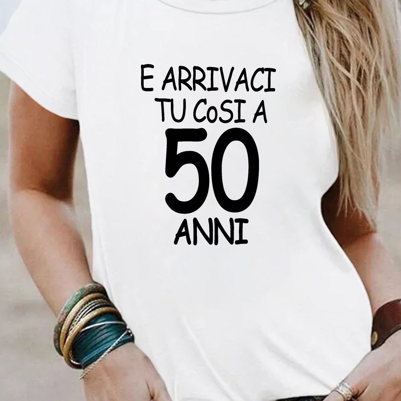 TEMU Casual Short-sleeve Crew Neck T-shirt For Women, Perfect For Spring And Summer, Featuring A 50th Print