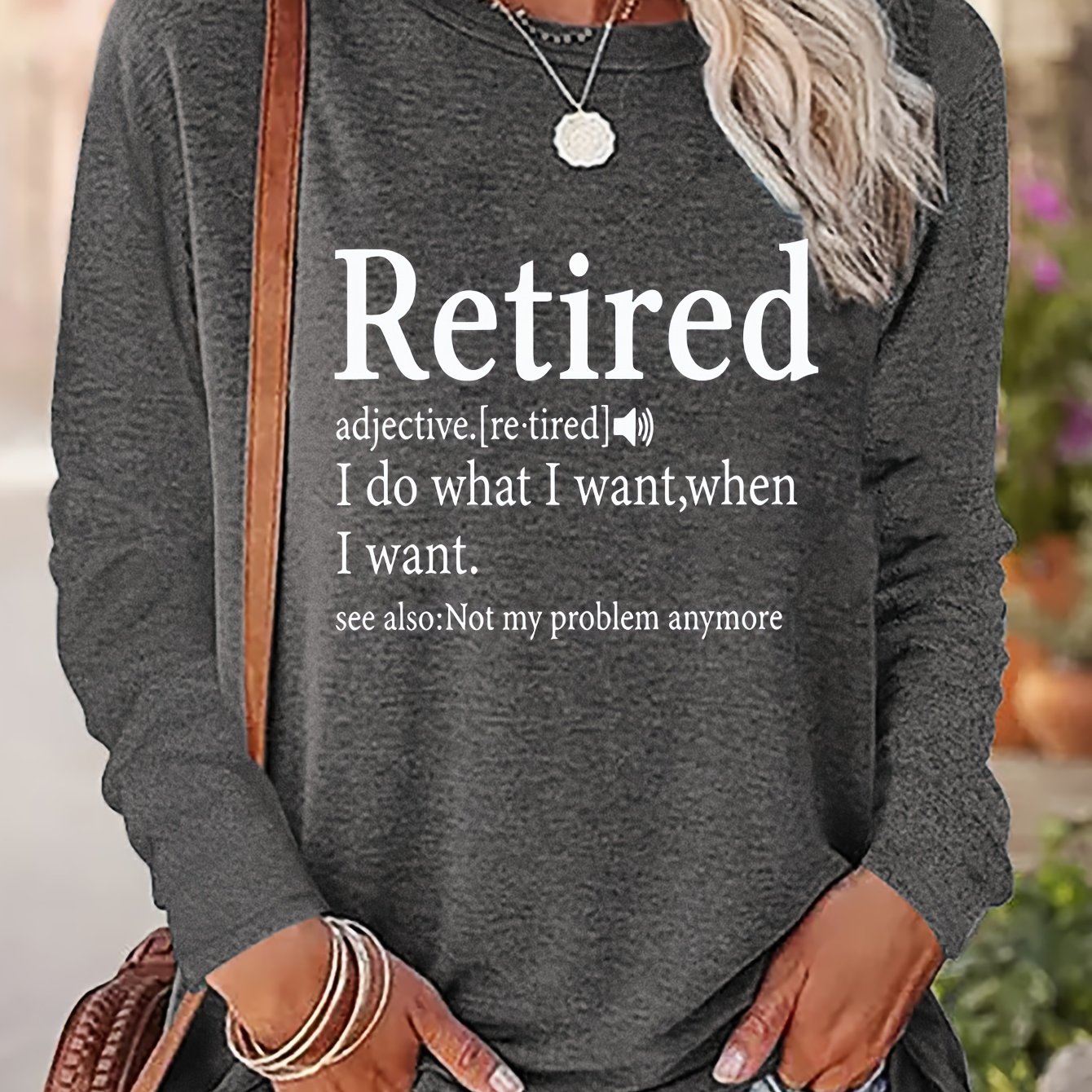 TEMU Retired Print T-shirt, Long Sleeve Crew Neck Casual Top For Spring & Fall, Women's Clothing