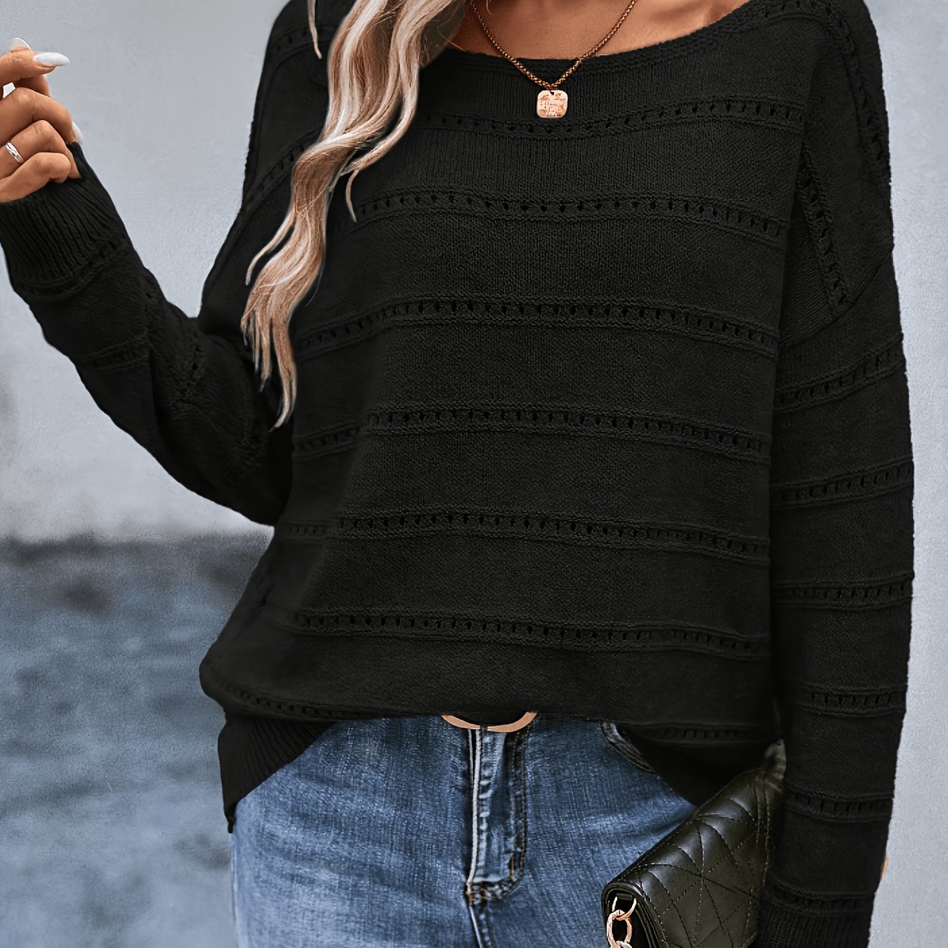 TEMU Plus Size, Early Autumn Plus-size Fashion European And Women' Color Openwork Pullover Long-sleeve Sweater, Suitable For Daily Wear, Travel,