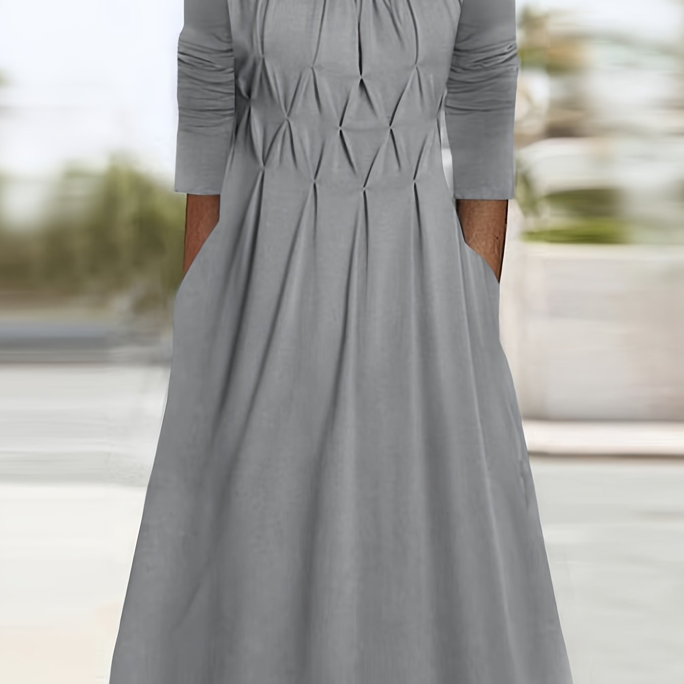 TEMU Spring/autumn Solid Color Round Neck Pocket Chest Design Long Sleeve Fashion Slimming Elegant Women's Dress