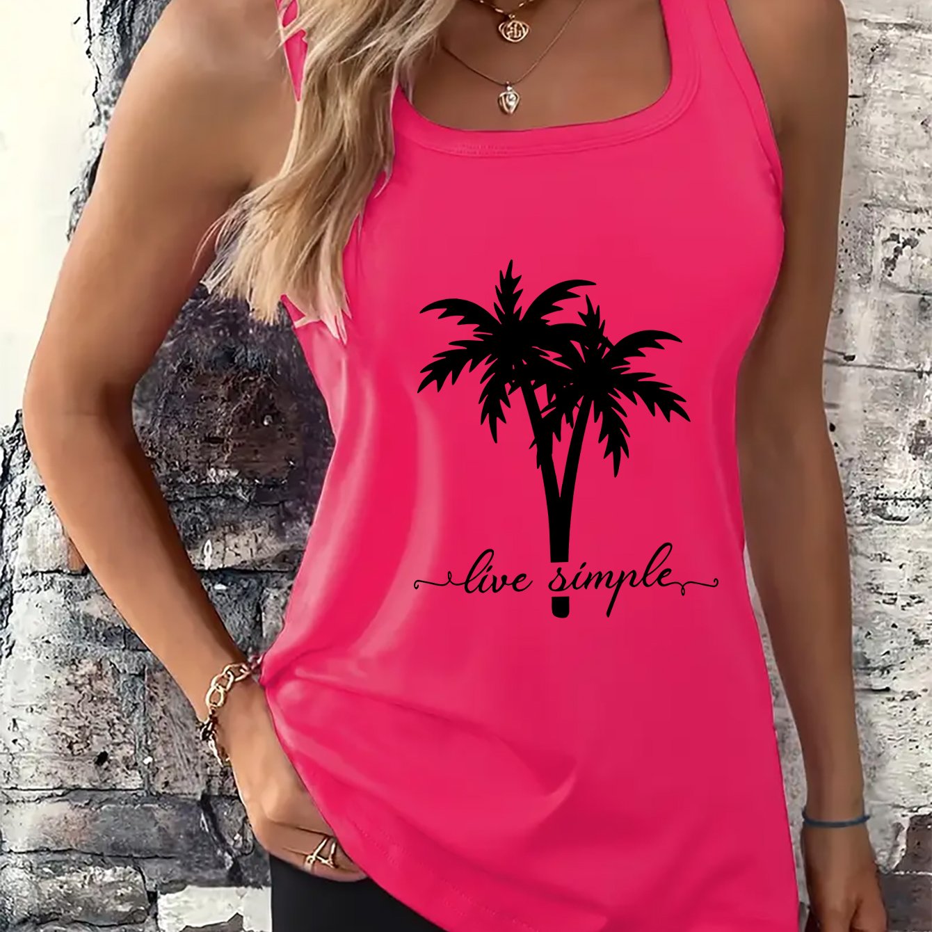 TEMU Women's Sleeveless Tank Top - Palm Tree Print, Soft And Casual Round-neck Tank Top, Perfect For Summer Outfits, Fashionable Clothing, Stylish