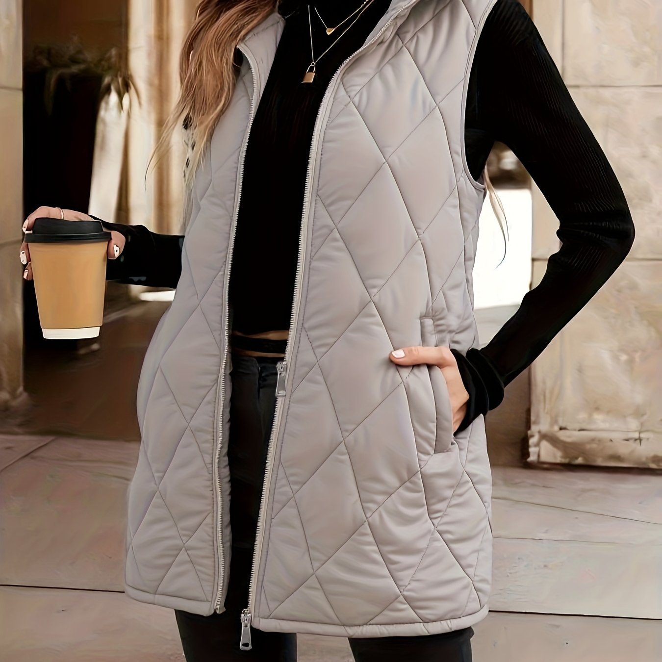 TEMU Chaleco de para mujer con estampado de rombos, chaleco de media con cuello , exterior sin de moda y versátil, chaqueta chaleco afelpado con